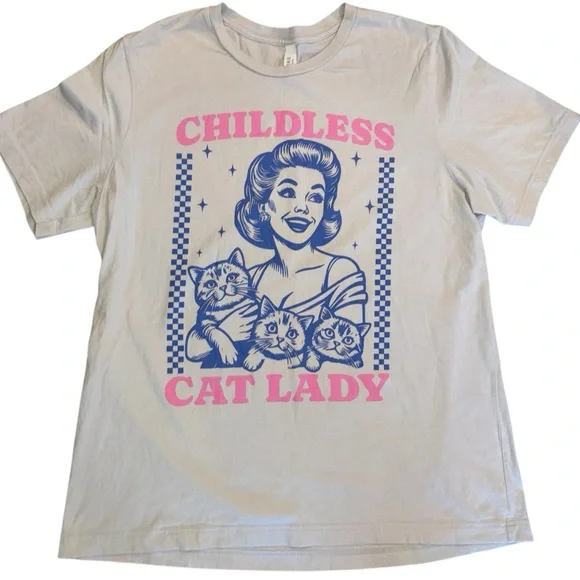Bella Canvas Cream Childless Cat Lady T-Shirt with Purple and Pink Graphics - Picture 3 of 7